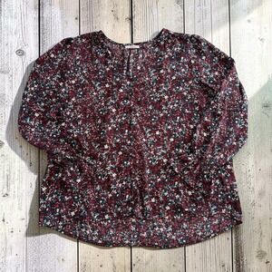 Maurices Womens Large Floral V-Neck Blouse Burgundy Blue 3/4 Sleeve Smocked Cuff